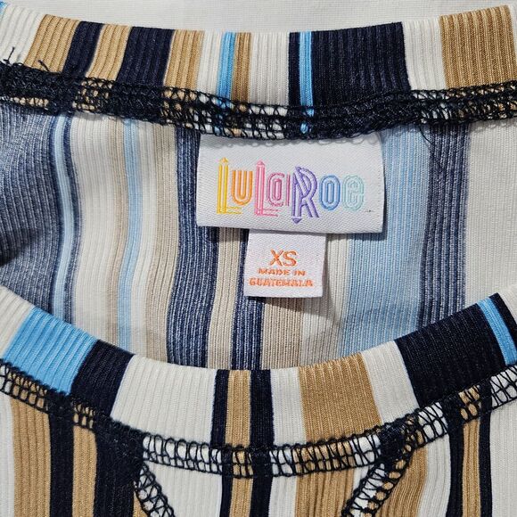EUC LuLaRoe Hailey Short Sleeve Hi-Lo Shirt Sz. XS Black Tan Blue White Stripes - Picture 3 of 5